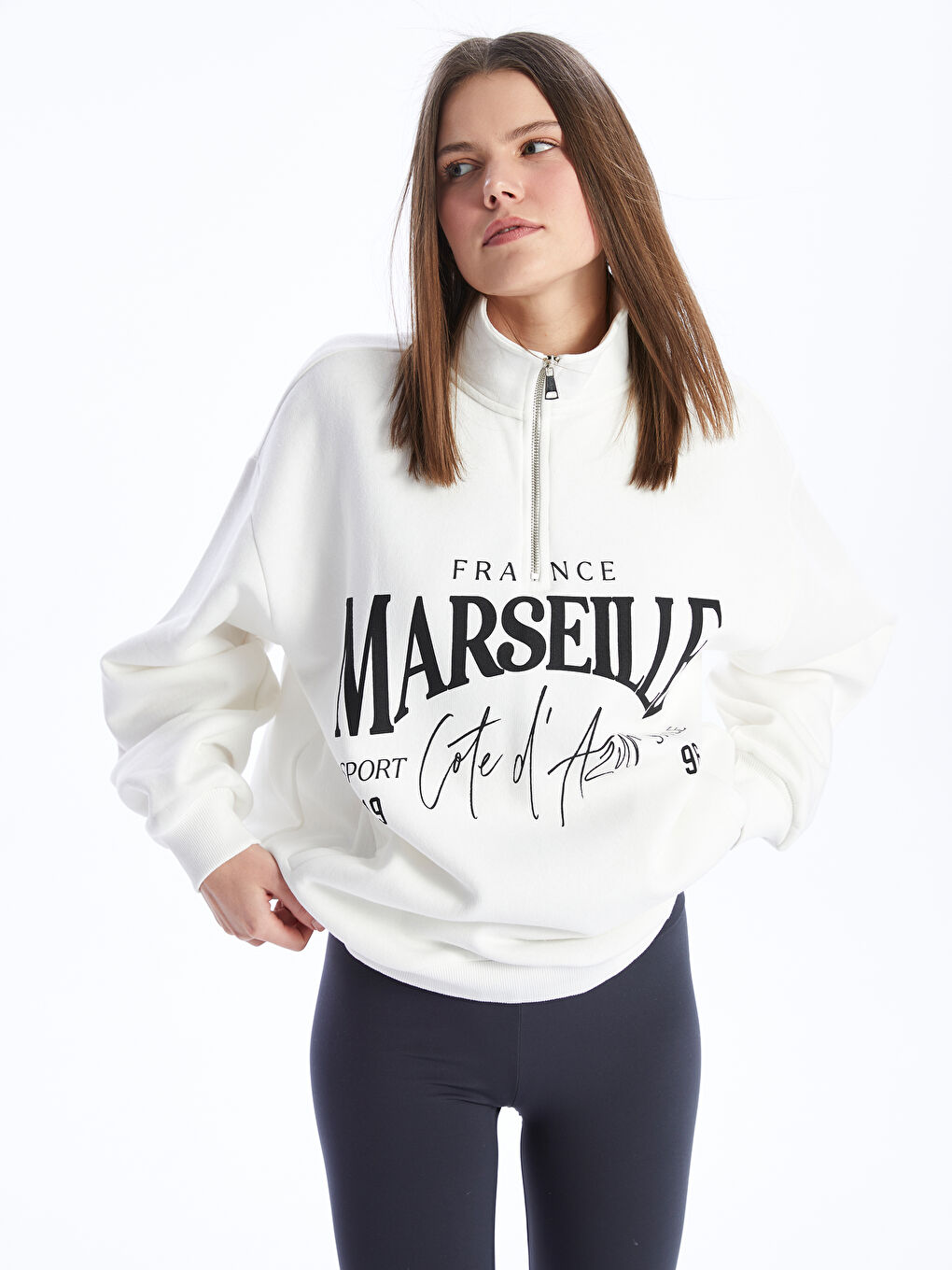 XSIDE ACTIVE Beyaz Dik Yaka Baskılı Oversize Kadın Kalın Sweatshirt