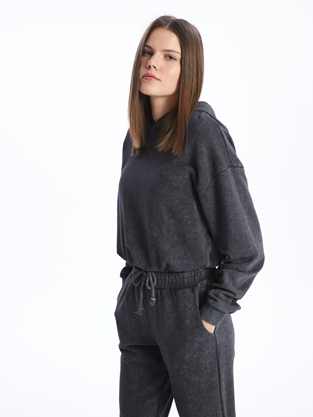 XSIDE ACTIVE Karbon Düz Uzun Kollu Oversize Kadın Crop Hoodie - 1