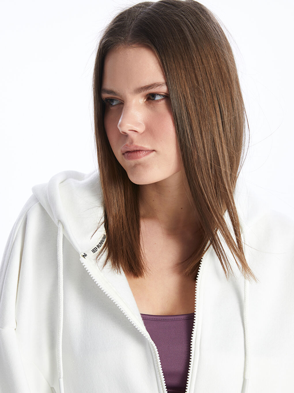 Beyaz Kapüşonlu Oversize Kadın Kalın Fermuarlı Sweatshirt-1