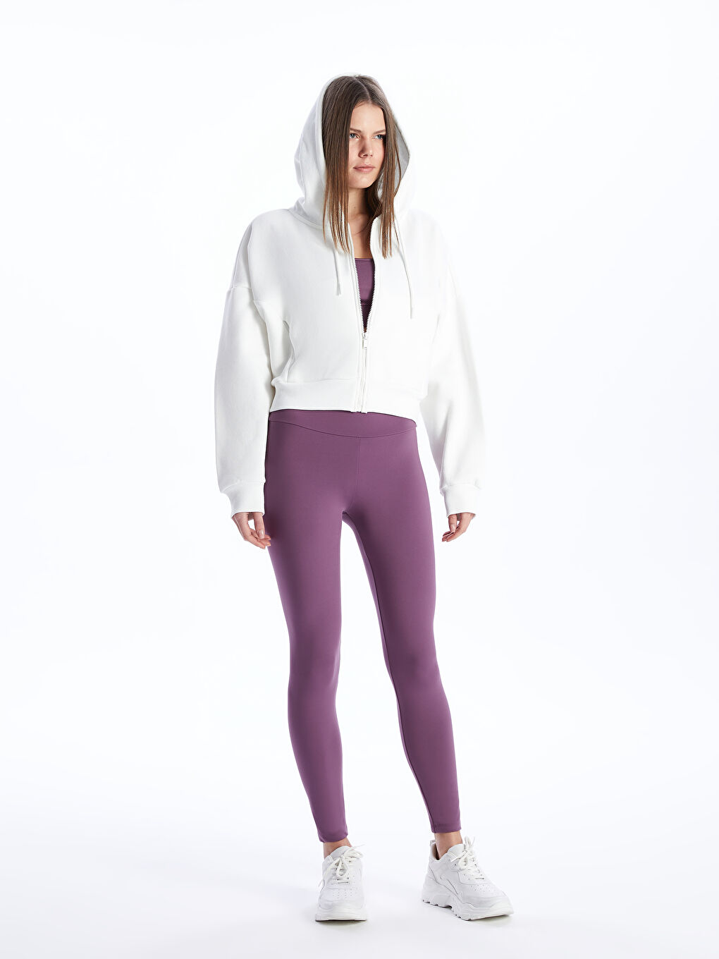 Beyaz Kapüşonlu Oversize Kadın Kalın Fermuarlı Sweatshirt-2