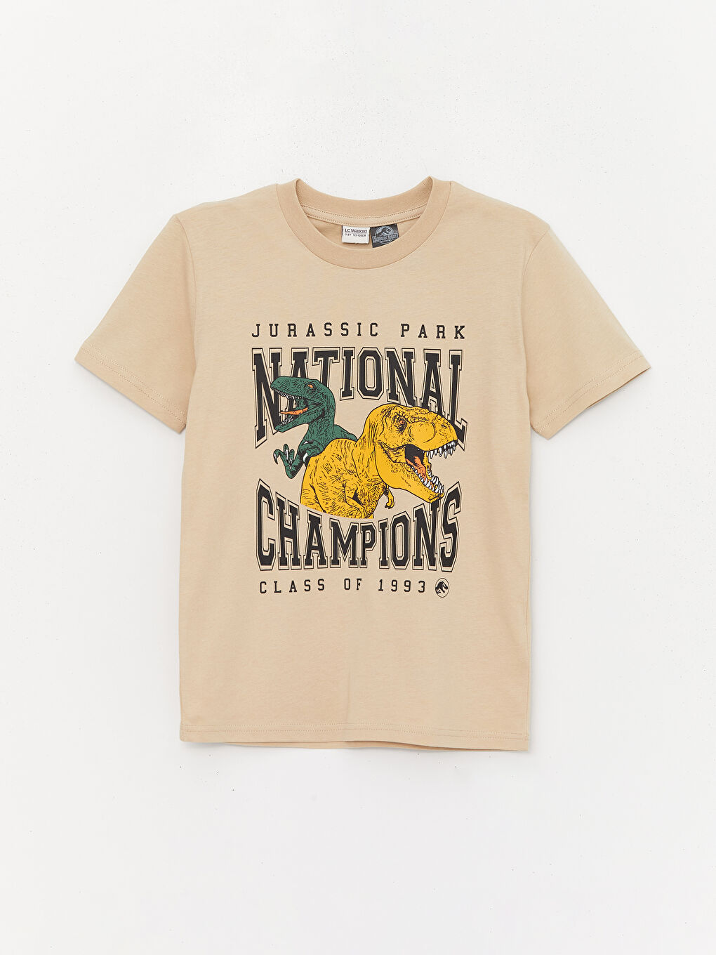 Bej Bisiklet Yaka Jurassic Park Baskılı Kısa Kollu Erkek Çocuk Tişört