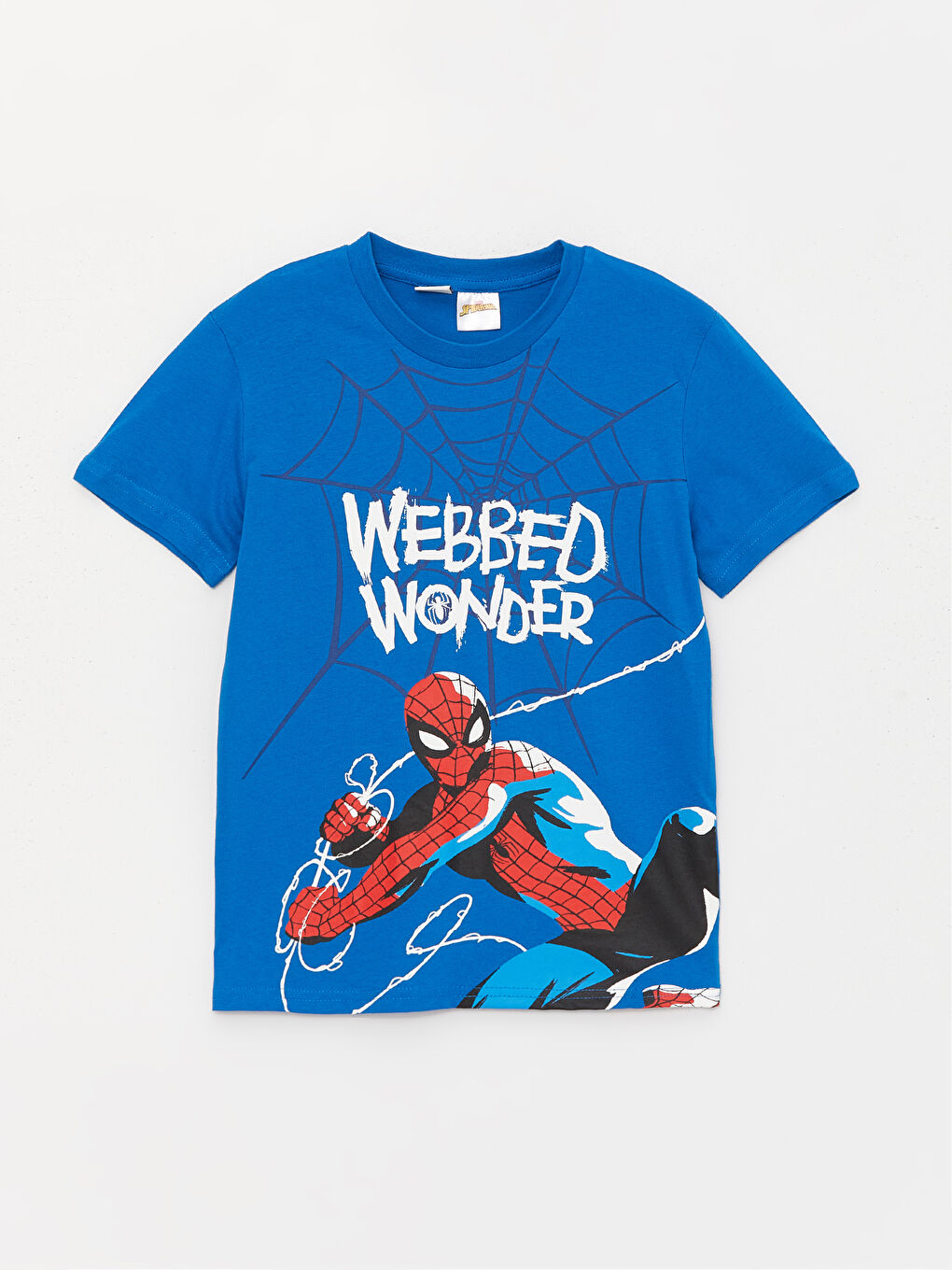 Mavi Bisiklet Yaka Spider-Man Baskılı Kısa Kollu Erkek Çocuk Tişört