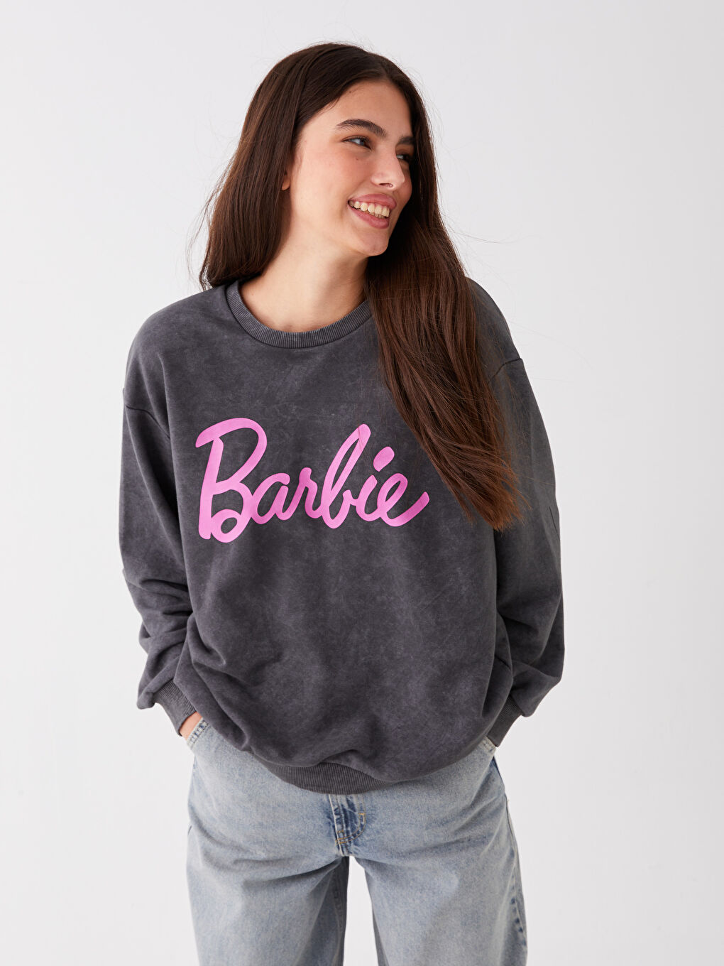 Antrasit Bisiklet Yaka Barbie Baskılı Uzun Kollu Oversize Kadın Sweatshirt
