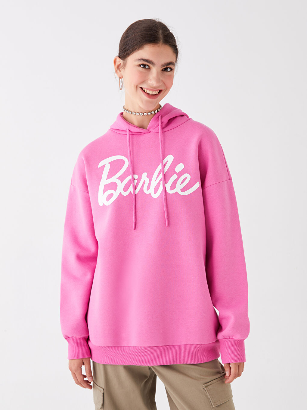 LCW Vision Pembe Barbie Baskılı Uzun Kollu Oversize Kadın Hoodie