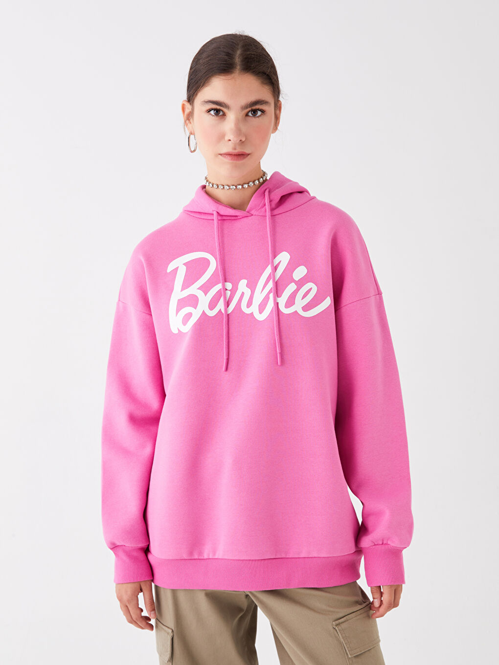 LCW Vision Pembe Barbie Baskılı Uzun Kollu Oversize Kadın Hoodie - 1