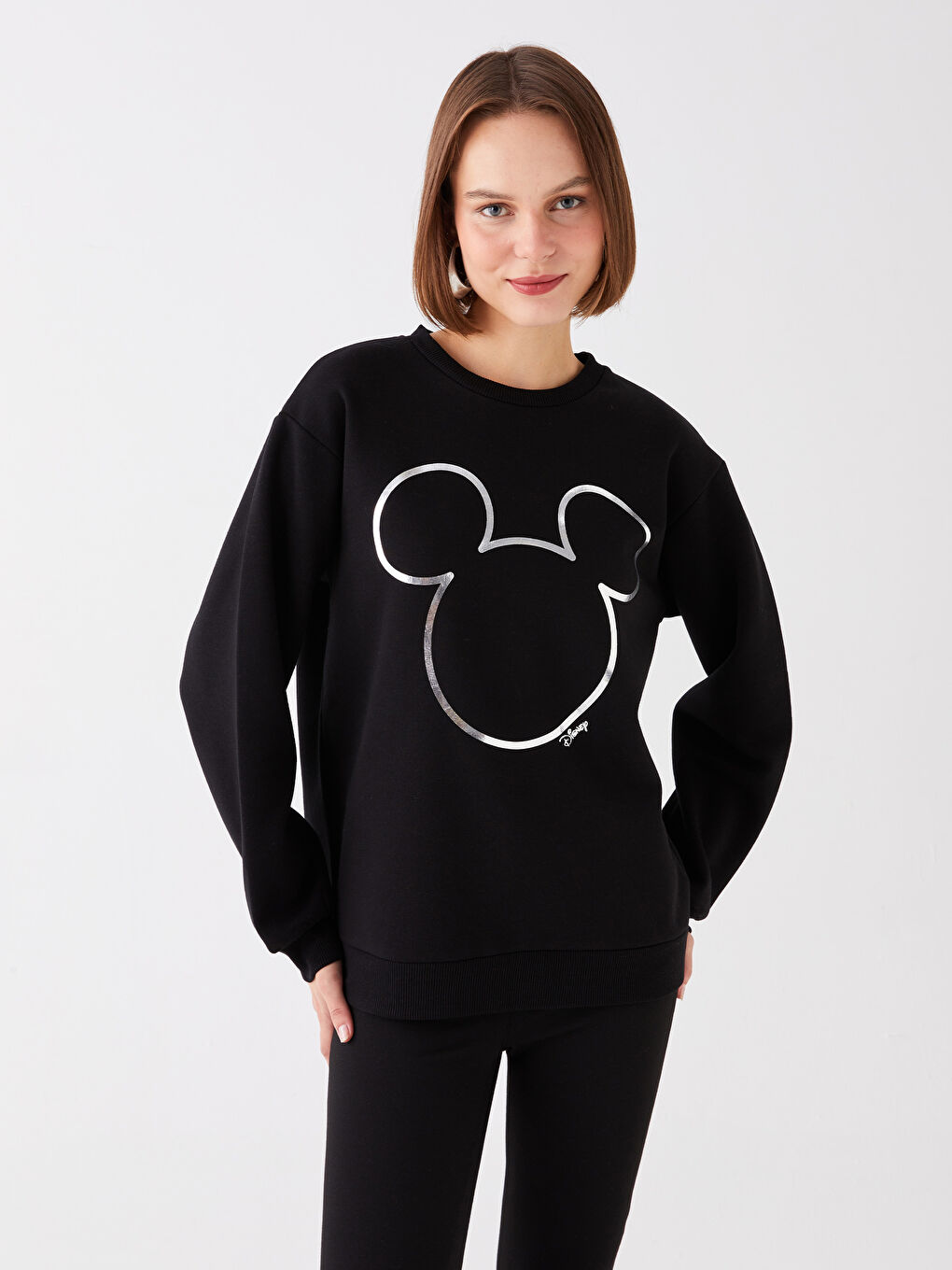 LCW Vision Yeni Siyah Bisiklet Yaka Mickey Mouse Baskılı Uzun Kollu Oversize Kadın Sweatshirt