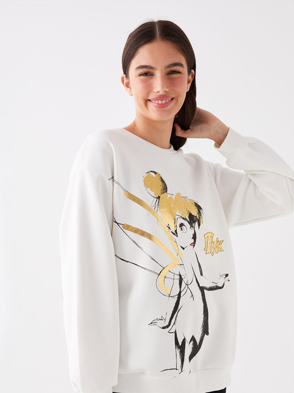 LCW Vision Ekru Bisiklet Yaka Tinker Bell Baskılı Uzun Kollu Oversize Kadın Sweatshirt - 1