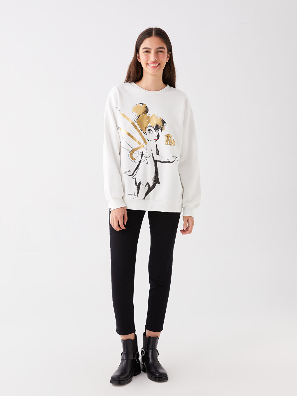 LCW Vision Ekru Bisiklet Yaka Tinker Bell Baskılı Uzun Kollu Oversize Kadın Sweatshirt - 2