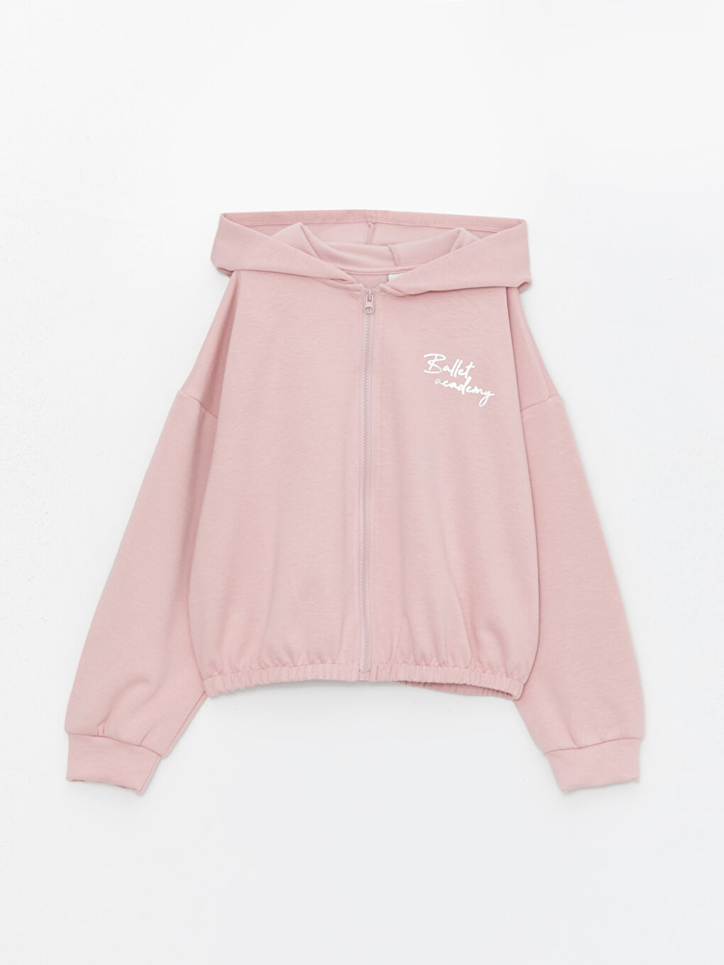 LCW Kids Mat Pembe Kapüşonlu Baskılı Uzun Kollu Kız Çocuk Fermuarlı Sweatshirt