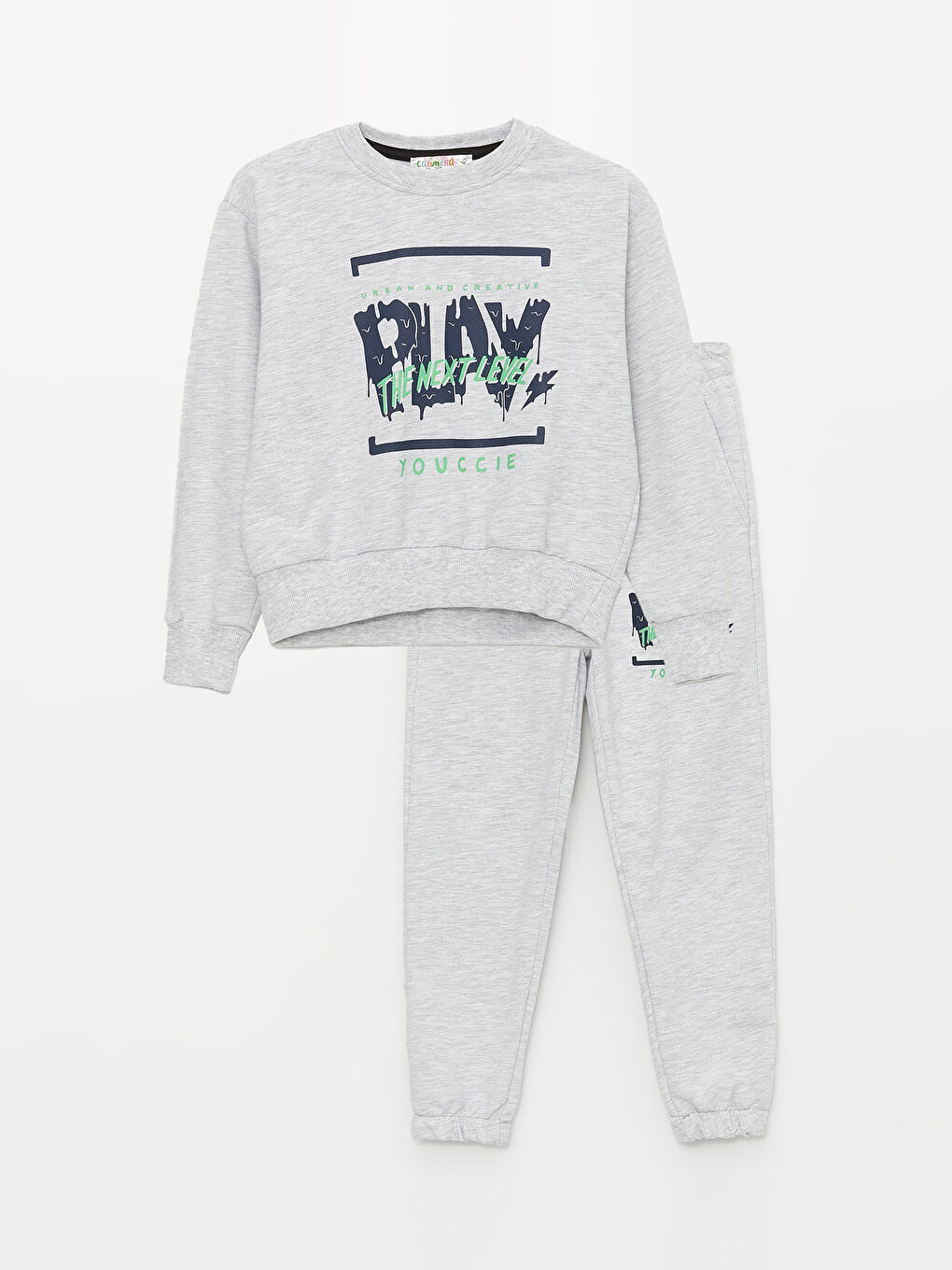 Gri Bisiklet Yaka Uzun Kollu Erkek Çocuk Sweatshirt ve Eşofman Alt 2'li Takım