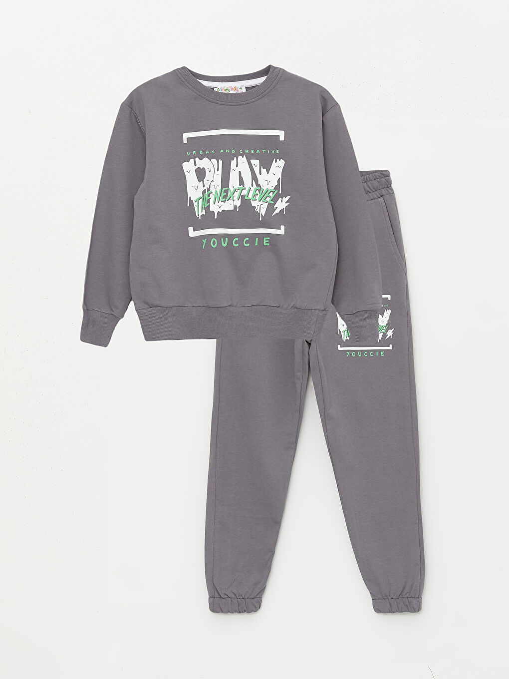 Gri Bisiklet Yaka Uzun Kollu Erkek Çocuk Sweatshirt ve Eşofman Alt 2'li Takım