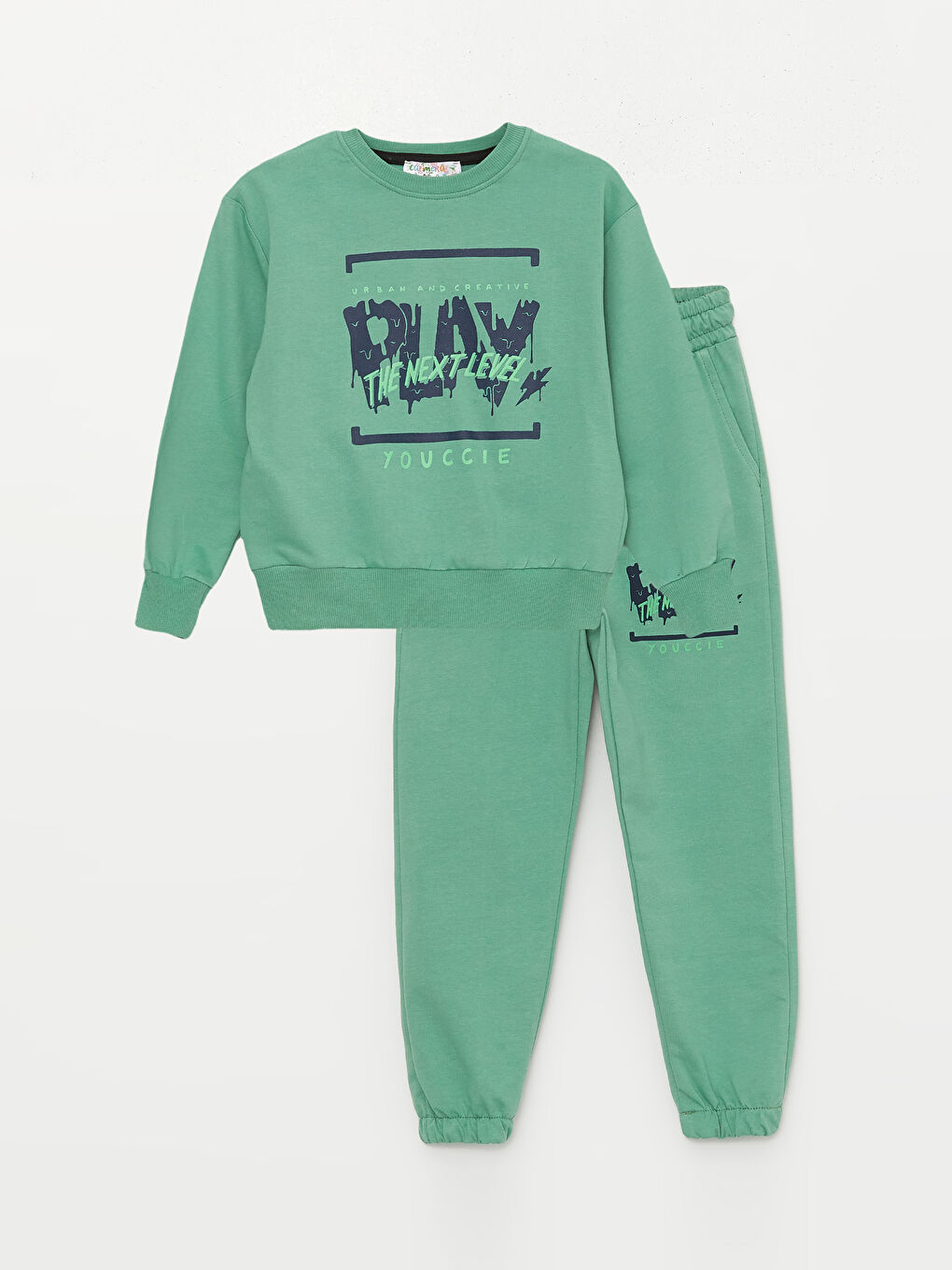 Yeşil Bisiklet Yaka Uzun Kollu Erkek Çocuk Sweatshirt ve Eşofman Alt 2'li Takım