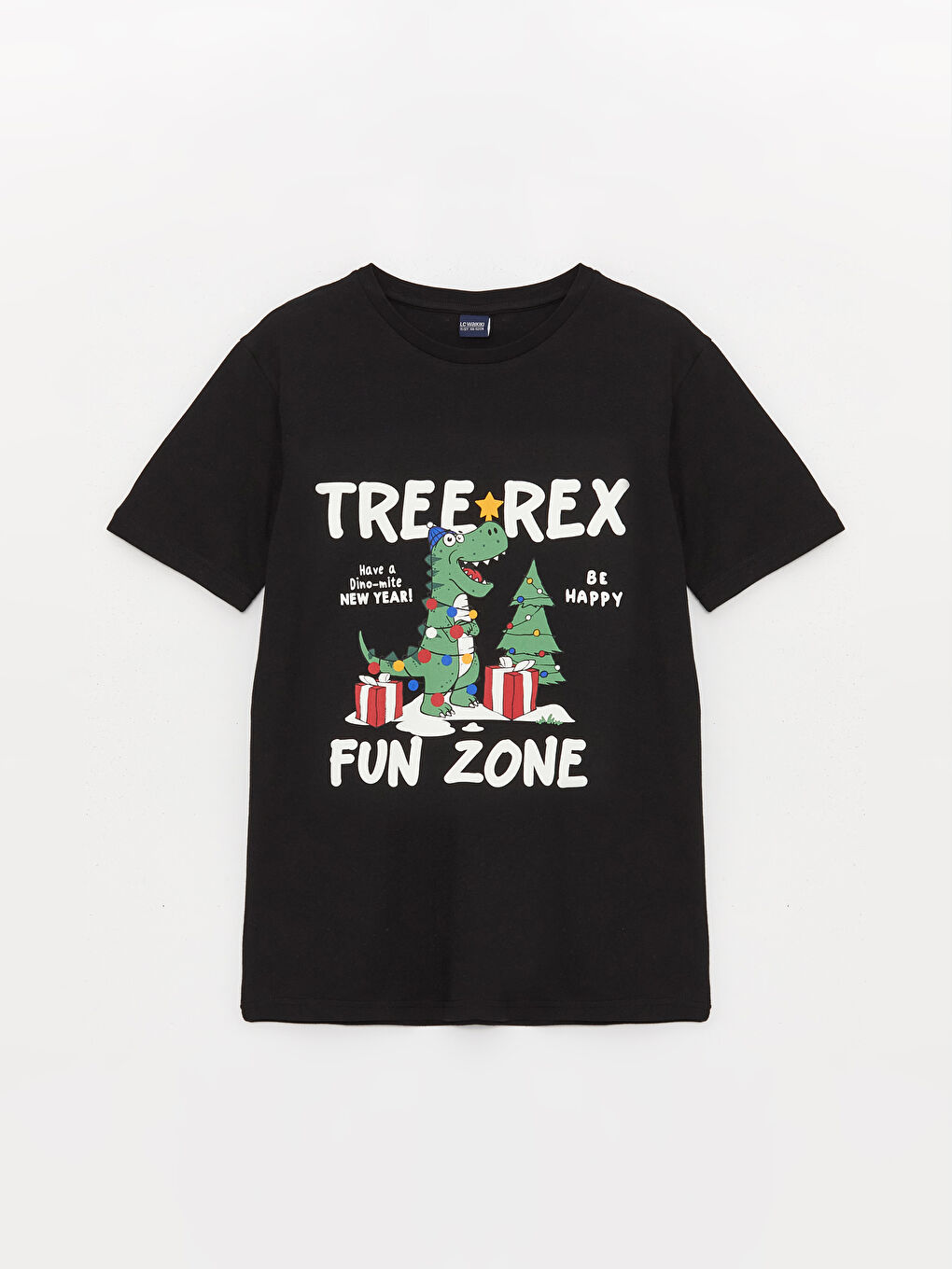 Siyah Bisiklet Yaka Yılbaşı Temalı Kısa Kollu Erkek Çocuk Tişört
