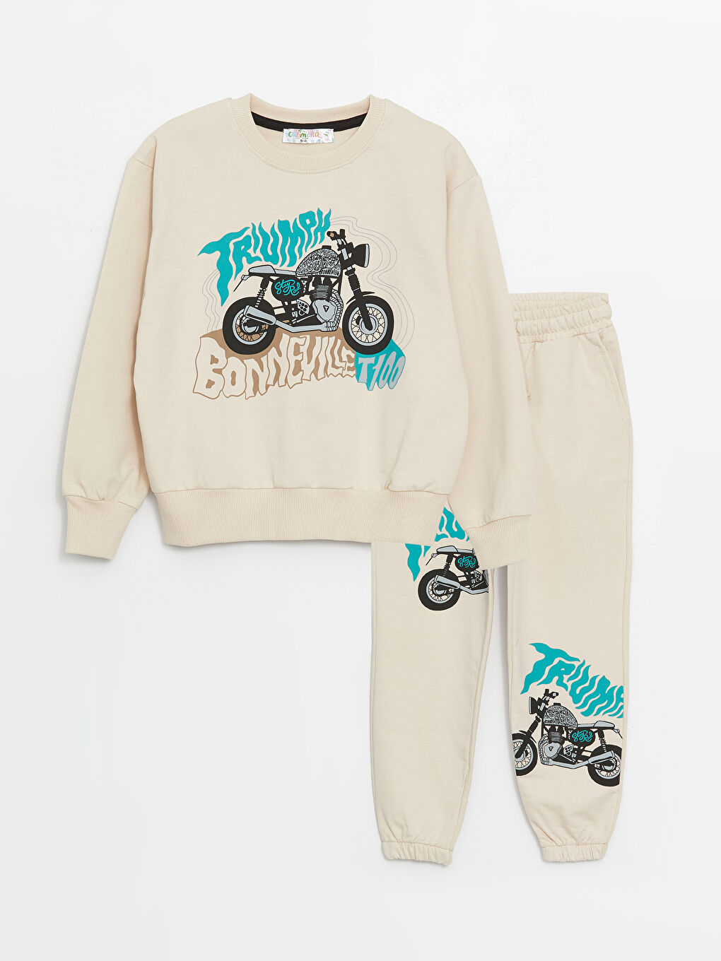 Bej Bisiklet Yaka Uzun Kollu Erkek Çocuk Sweatshirt ve Eşofman Alt 2'li Takım