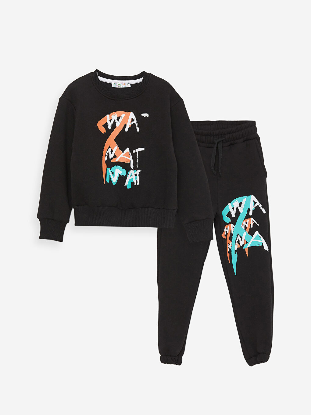 Siyah Bisiklet Yaka Erkek Çocuk Sweatshirt ve Eşofman Alt 2'li Takım