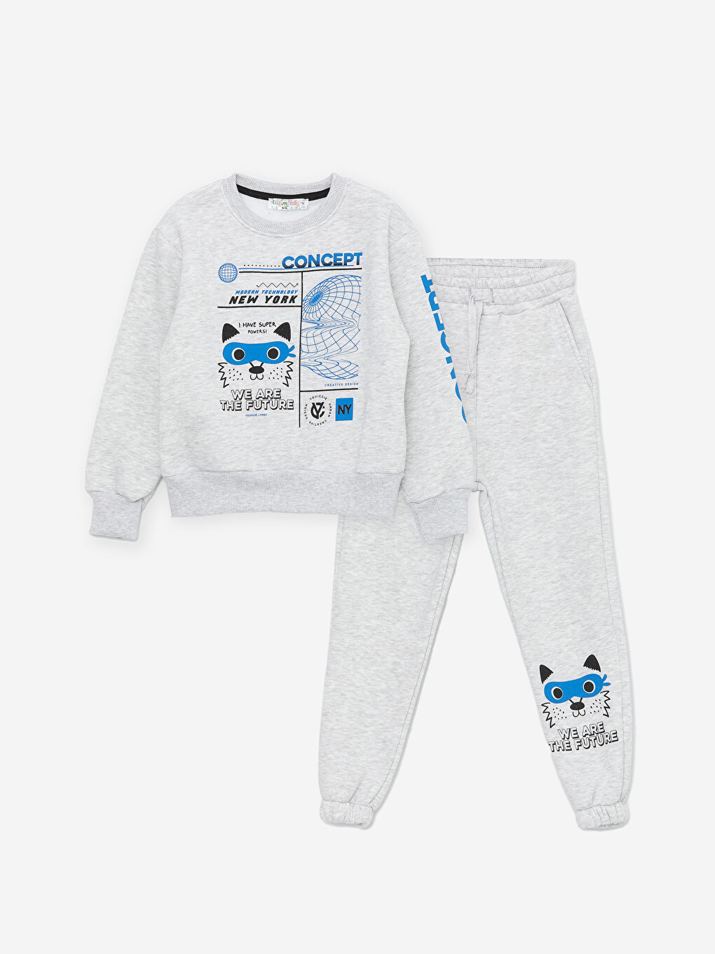 Gri Bisiklet Yaka Erkek Çocuk Sweatshirt ve Eşofman Alt 2'li Takım