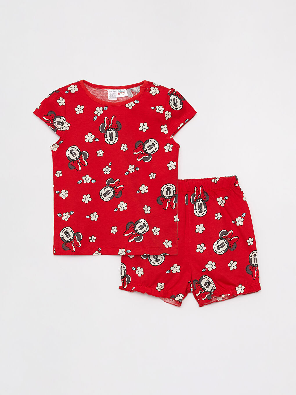 LCW baby Kırmızı Baskılı Minnie Mouse Baskılı Kız Bebek Şortlu Pijama Takımı