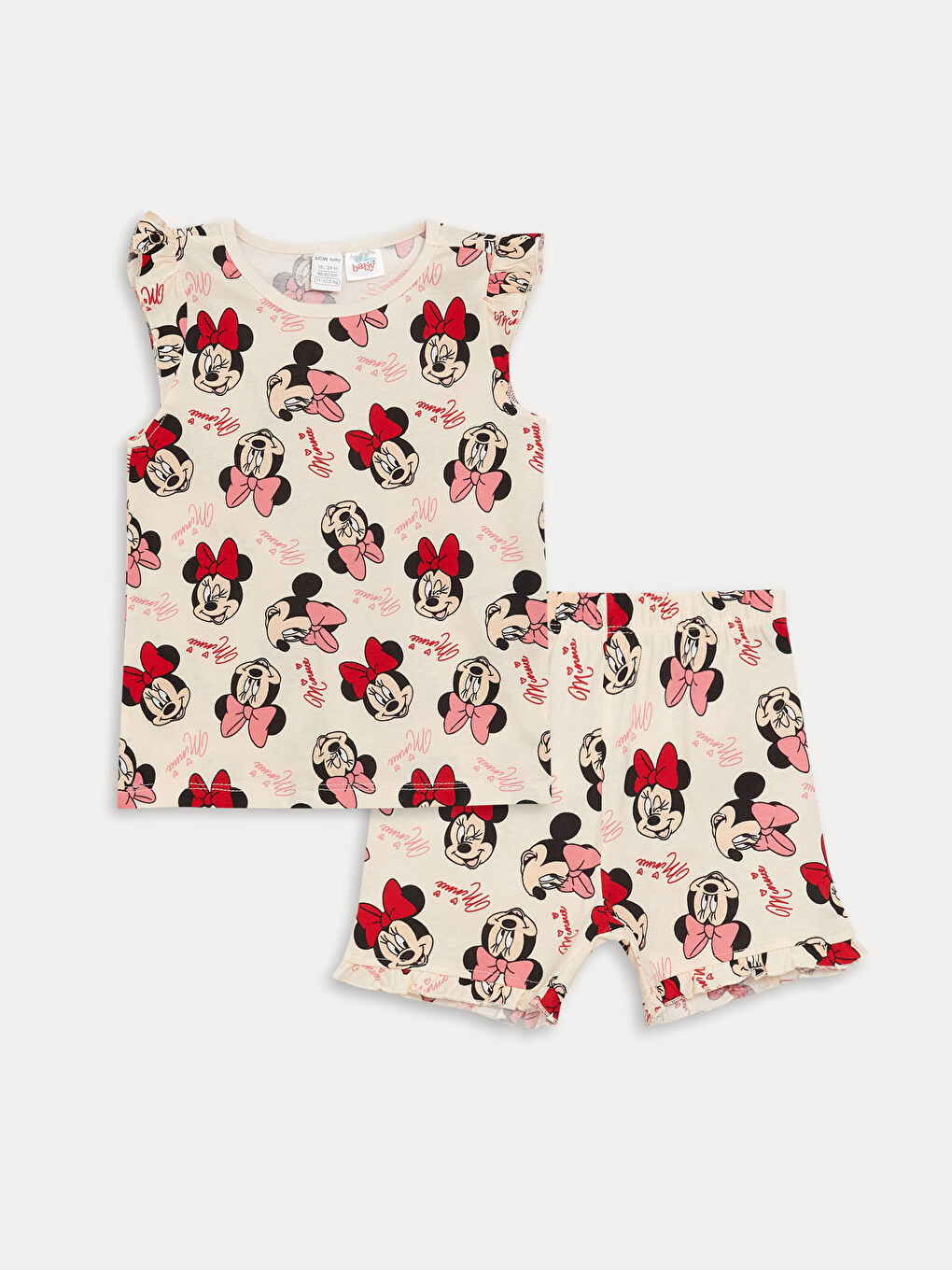 LCW baby Krem Baskılı Bisiklet Yaka Minnie Mouse Baskılı Kız Bebek Şortlu Pijama Takımı