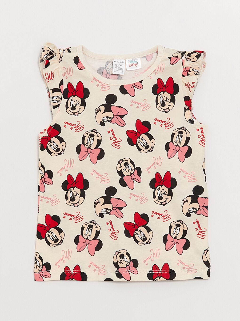 LCW baby Krem Baskılı Bisiklet Yaka Minnie Mouse Baskılı Kız Bebek Şortlu Pijama Takımı - 1