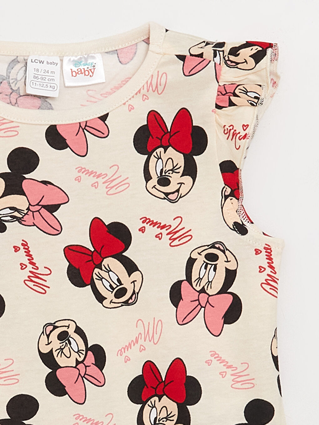 LCW baby Krem Baskılı Bisiklet Yaka Minnie Mouse Baskılı Kız Bebek Şortlu Pijama Takımı - 2