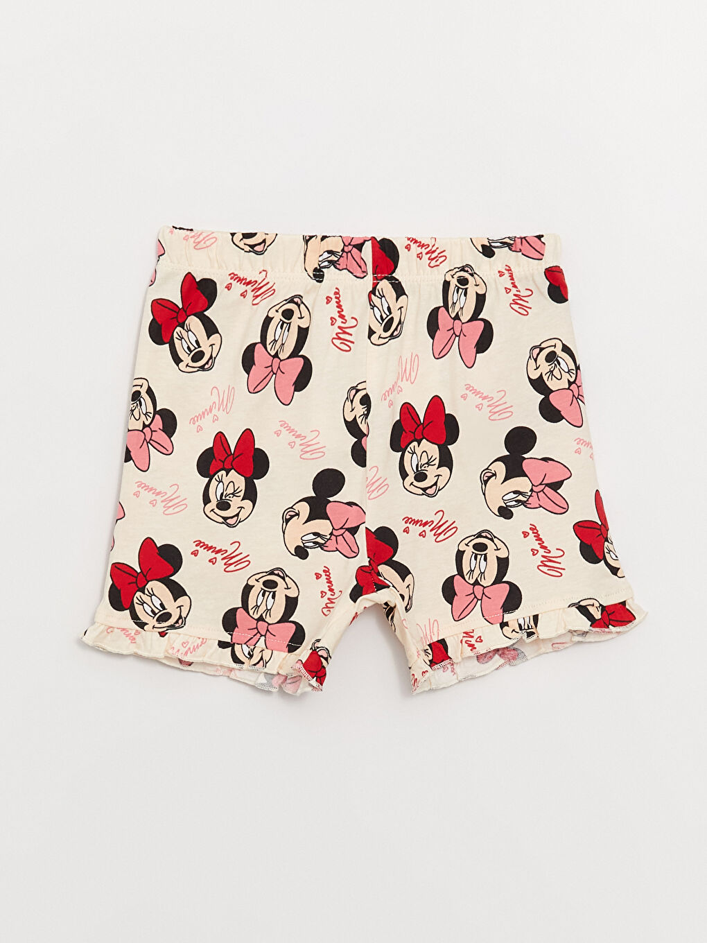 LCW baby Krem Baskılı Bisiklet Yaka Minnie Mouse Baskılı Kız Bebek Şortlu Pijama Takımı - 4