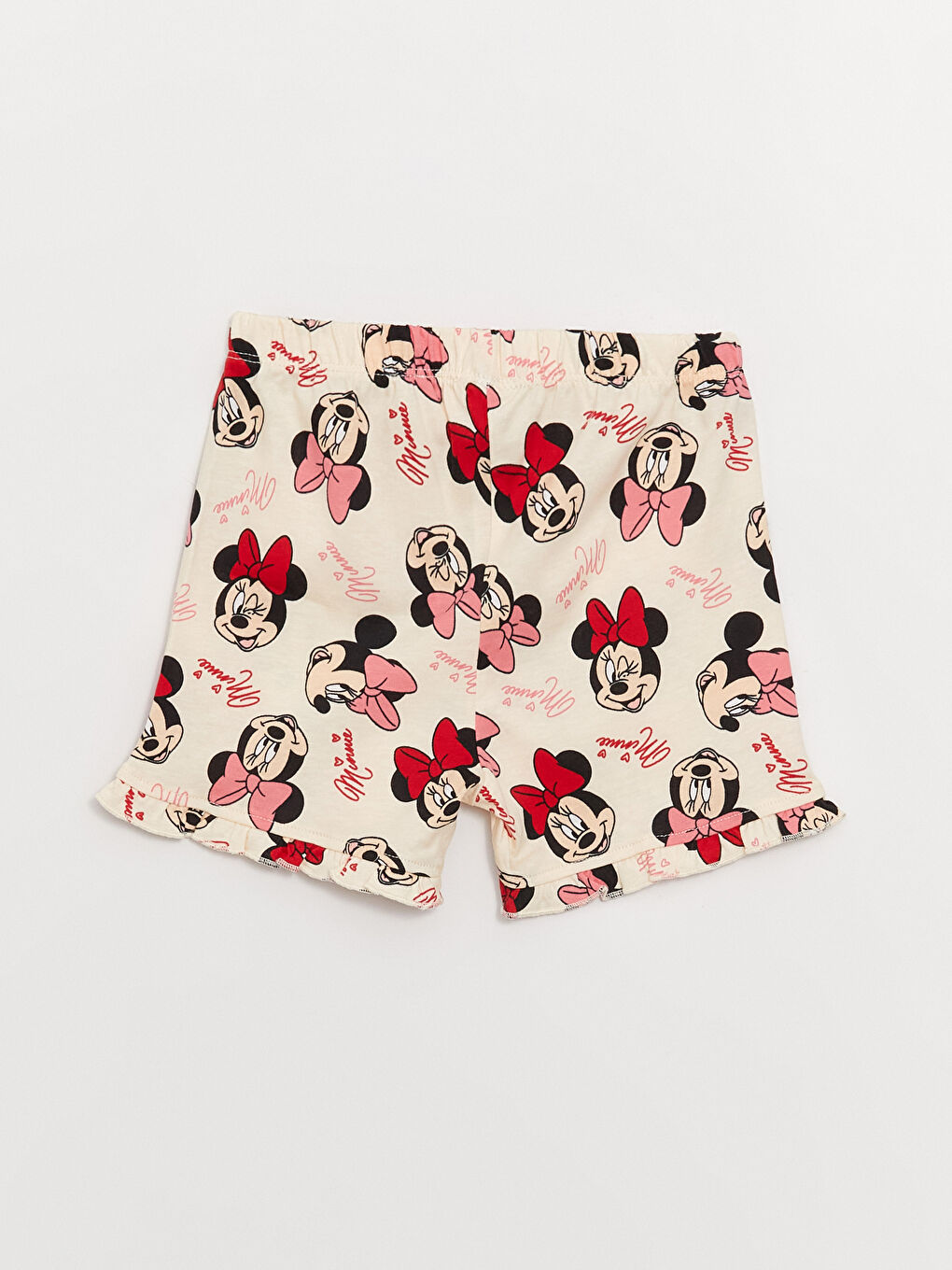 LCW baby Krem Baskılı Bisiklet Yaka Minnie Mouse Baskılı Kız Bebek Şortlu Pijama Takımı - 6