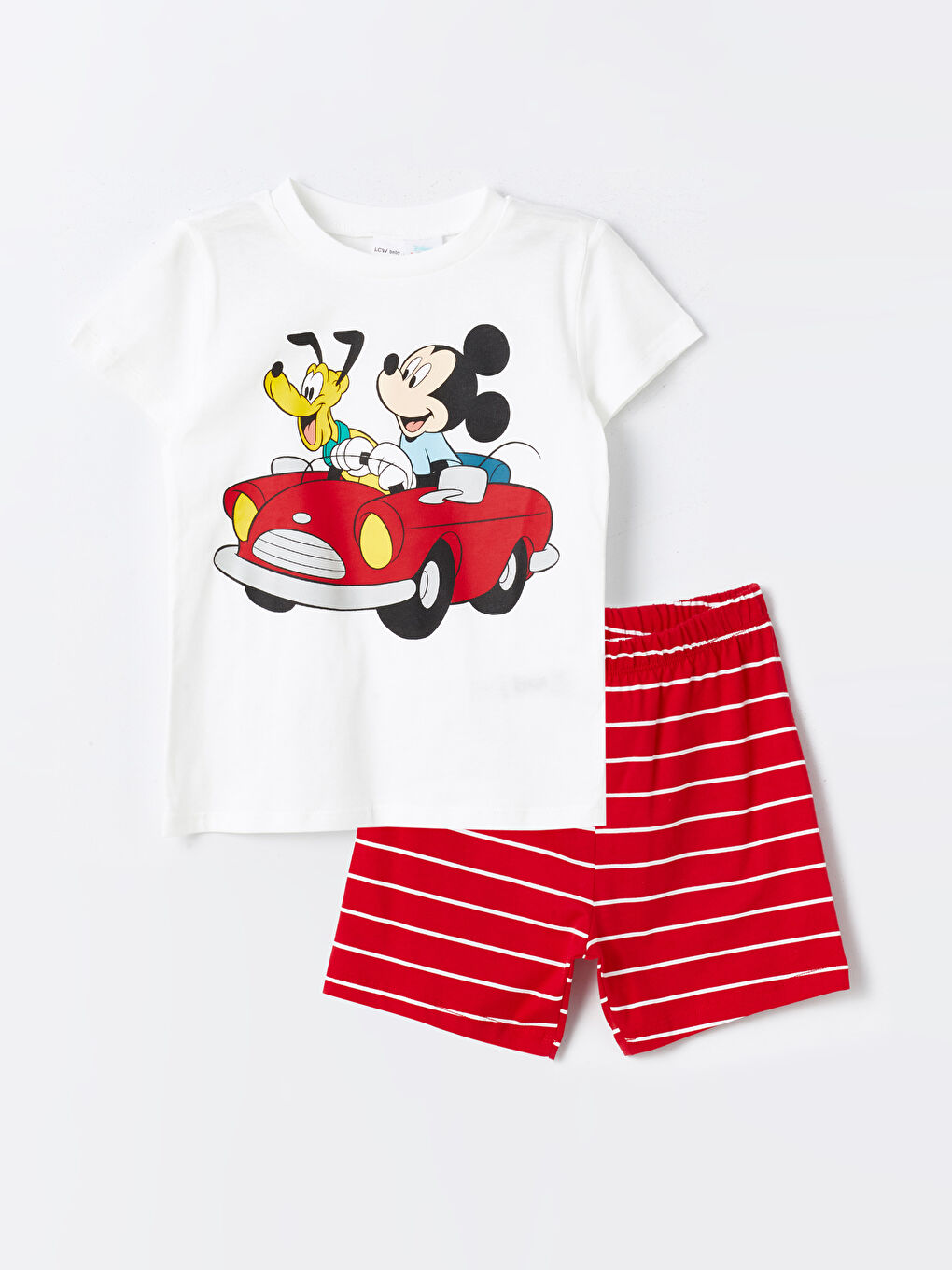 LCW baby Ekru Bisiklet Yaka Kısa Kollu Mickey Mouse Baskılı Erkek Bebek Şortlu Pijama Takımı