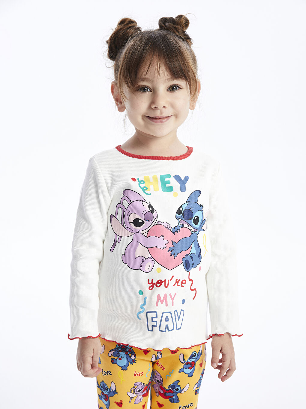 LCW baby Ekru Bisiklet Yaka Uzun Kollu Lilo ve Stitch Baskılı Kız Bebek Sweatshirt ve Tayt Pantolon 2'li Takım - 2