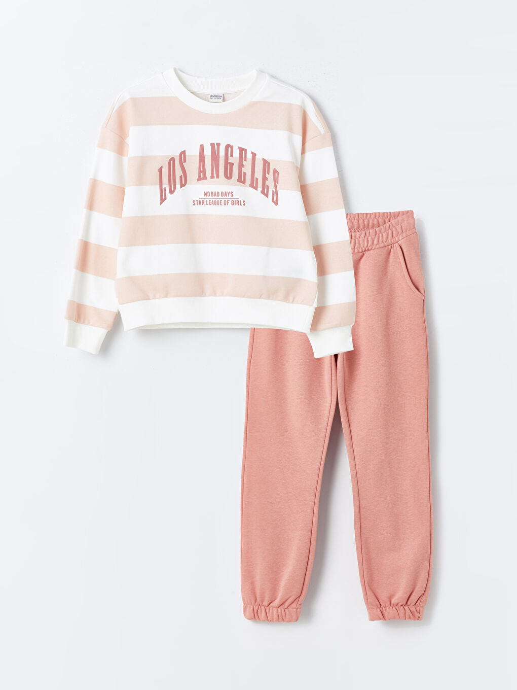 LCW Kids Pembe Baskılı Bisiklet Yaka Baskılı Uzun Kollu Kız Çocuk Sweatshirt ve Eşofman Altı