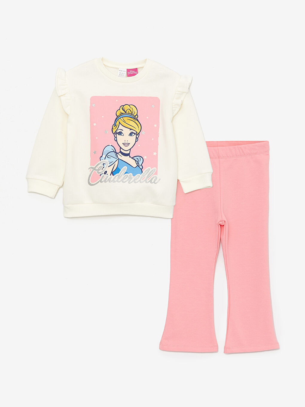 Ekru Bisiklet Yaka Sindirella Baskılı Uzun Kollu Kız Bebek Sweatshirt ve Tayt