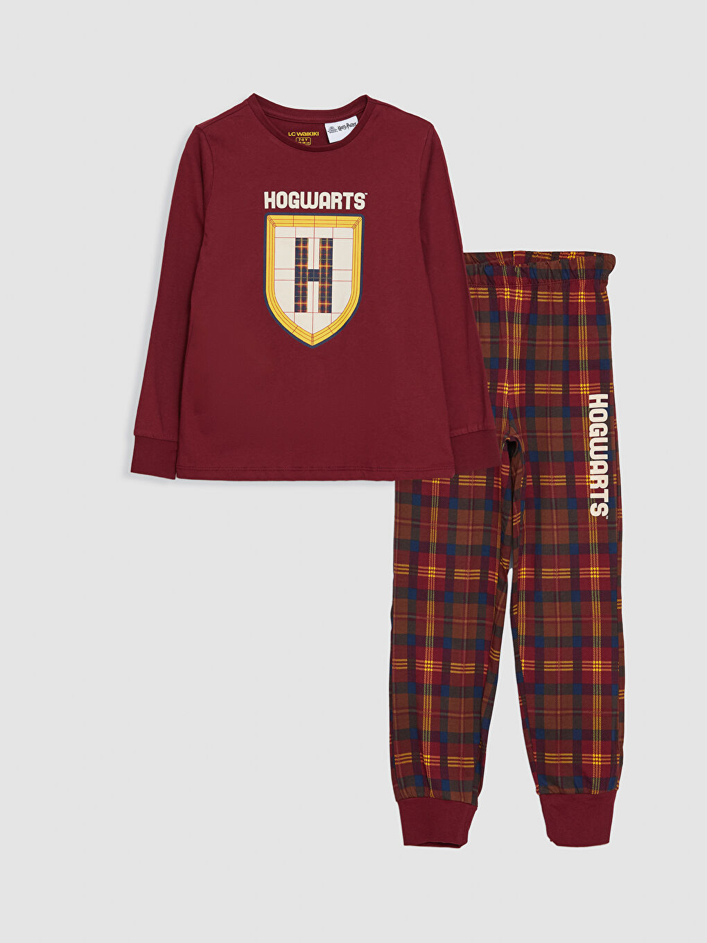 Bordo Bisiklet Yaka Harry Potter Baskılı Uzun Kollu Erkek Çocuk Pijama Takımı