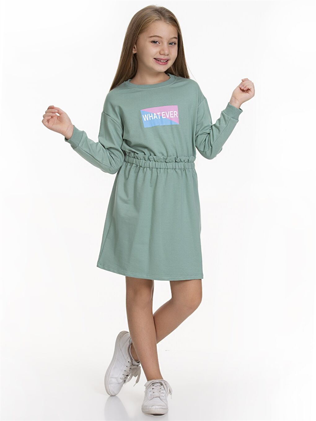 Yeşil Bisiklet Yaka Desenli Uzun Kollu Kız Çocuk Elbise