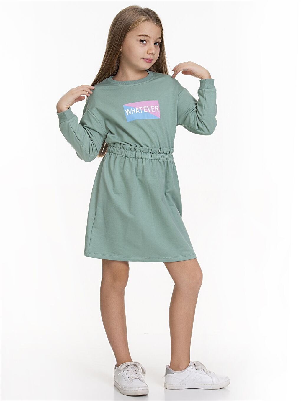 Yeşil Bisiklet Yaka Desenli Uzun Kollu Kız Çocuk Elbise-1