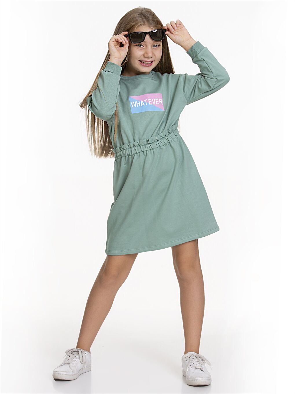 Yeşil Bisiklet Yaka Desenli Uzun Kollu Kız Çocuk Elbise-2