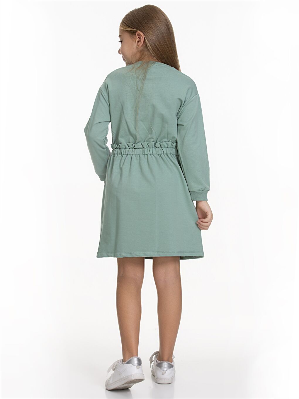 Yeşil Bisiklet Yaka Desenli Uzun Kollu Kız Çocuk Elbise-3