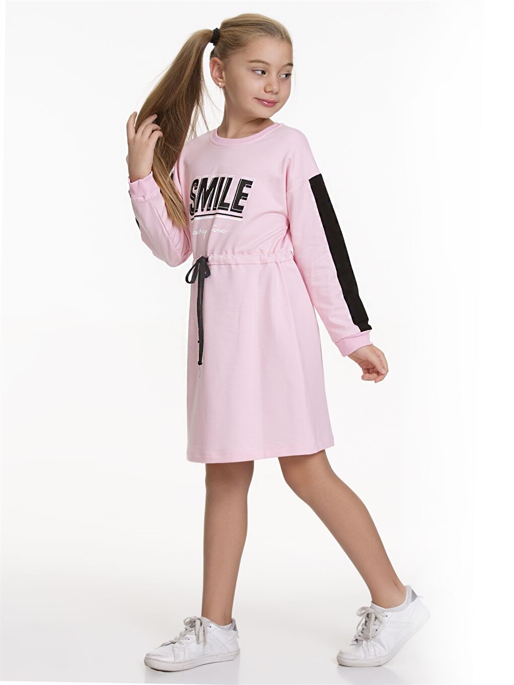 Pembe Bisiklet Yaka Desenli Uzun Kollu Kız Çocuk Elbise-1