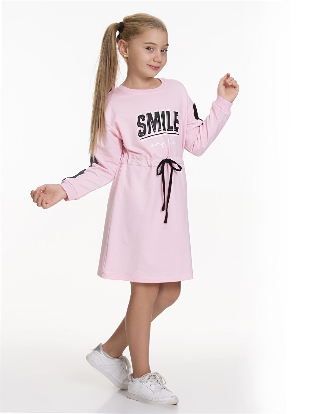 Pembe Bisiklet Yaka Desenli Uzun Kollu Kız Çocuk Elbise-2