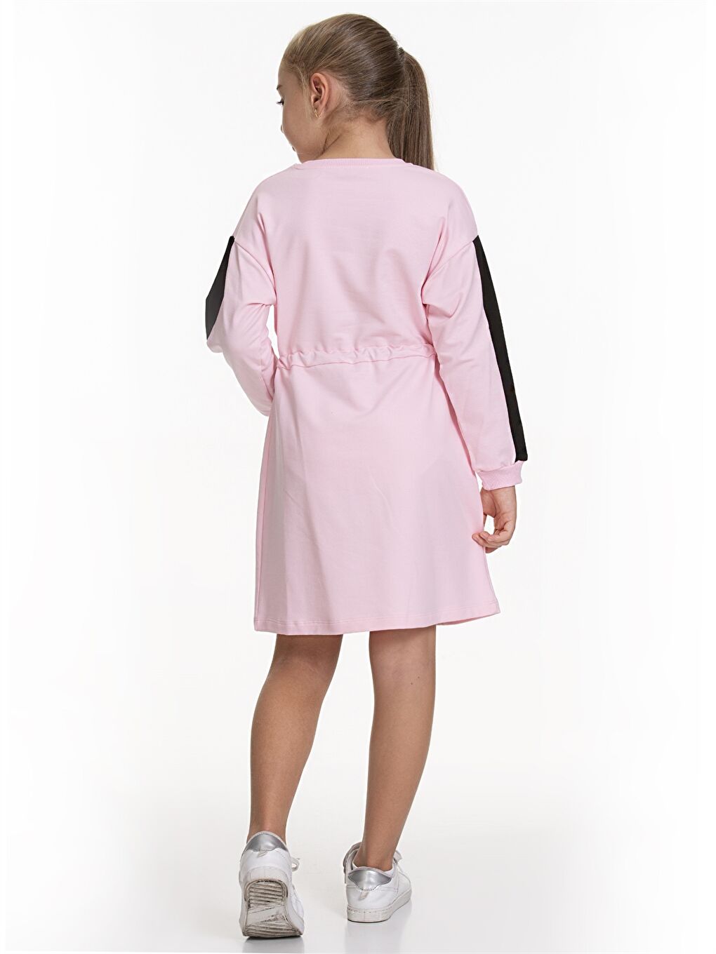 Pembe Bisiklet Yaka Desenli Uzun Kollu Kız Çocuk Elbise-3