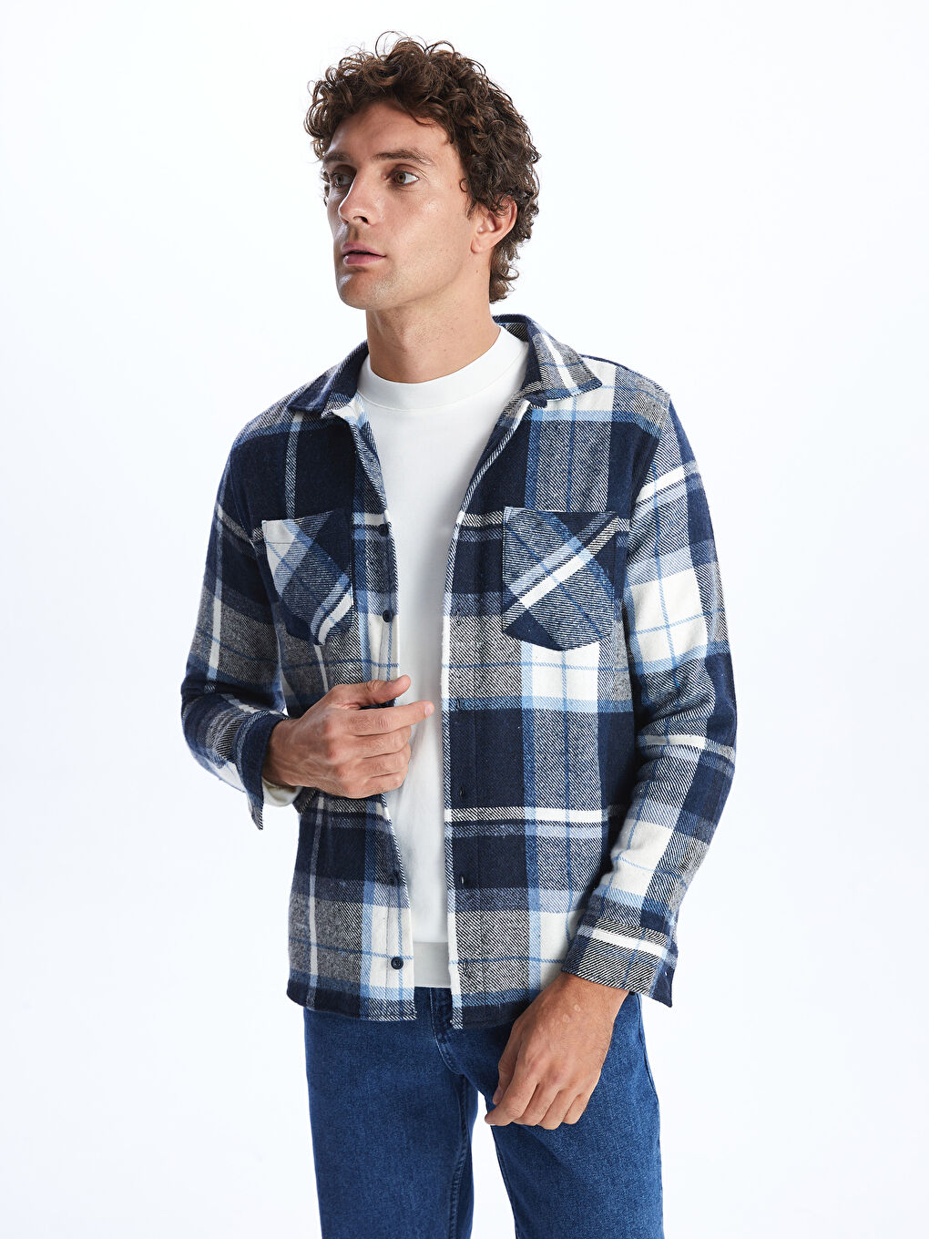 Lacivert Regular Fit Uzun Kollu Ekose Erkek Gömlek-1