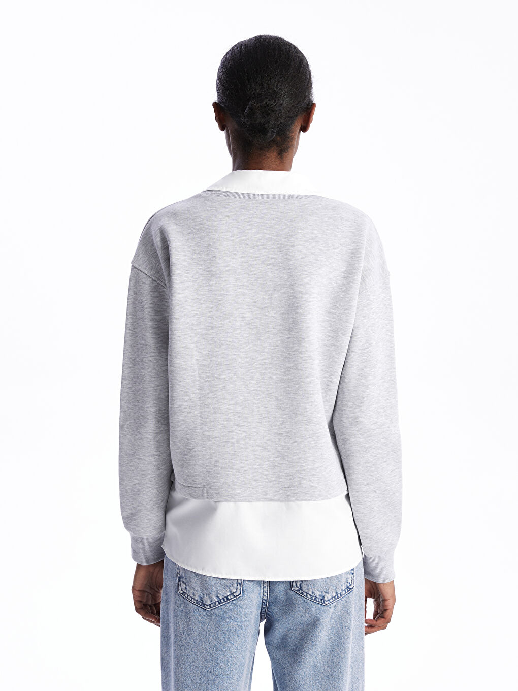 LCW Vision Gri Gömlek Yaka Düz Oversize Kadın Sweatshirt - 4