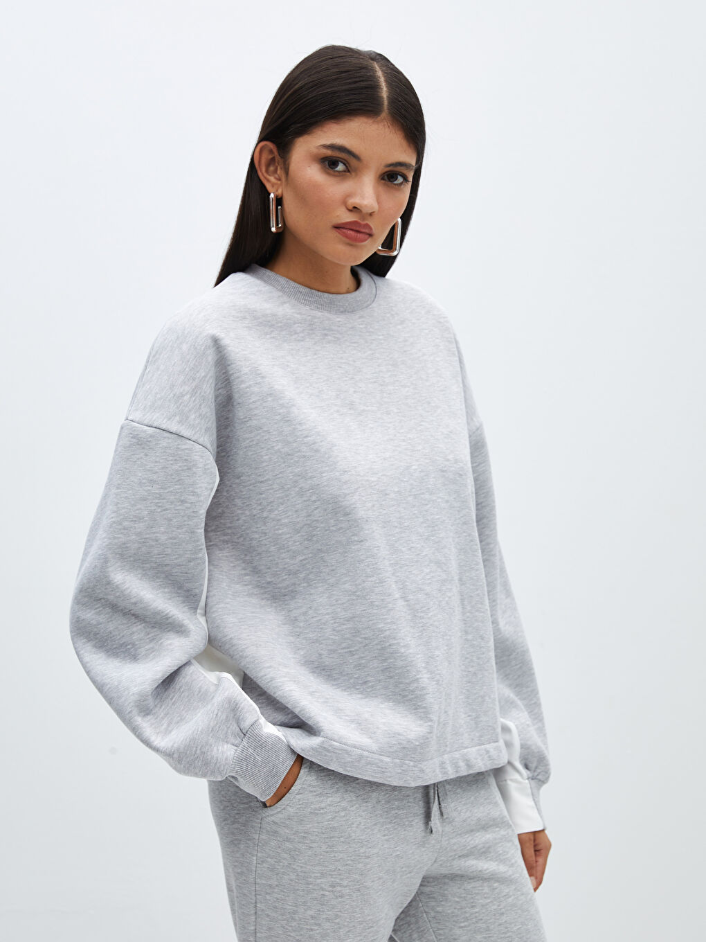 LCW Vision Orta Gri Melanj Bisiklet Yaka Oversize Kadın Sweatshirt - 1