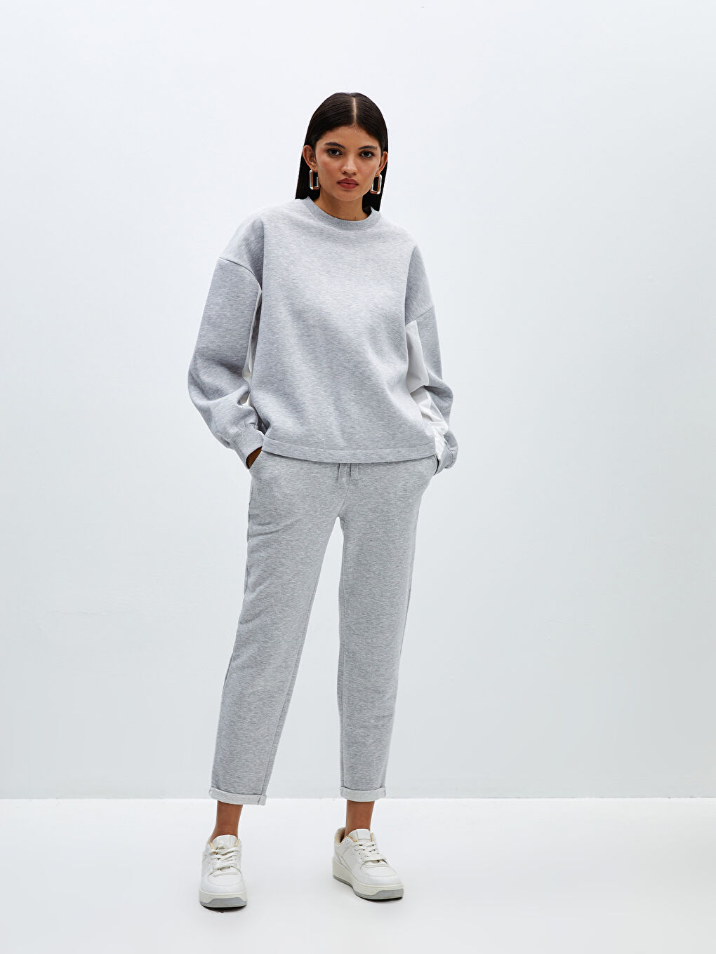 LCW Vision Orta Gri Melanj Bisiklet Yaka Oversize Kadın Sweatshirt - 2