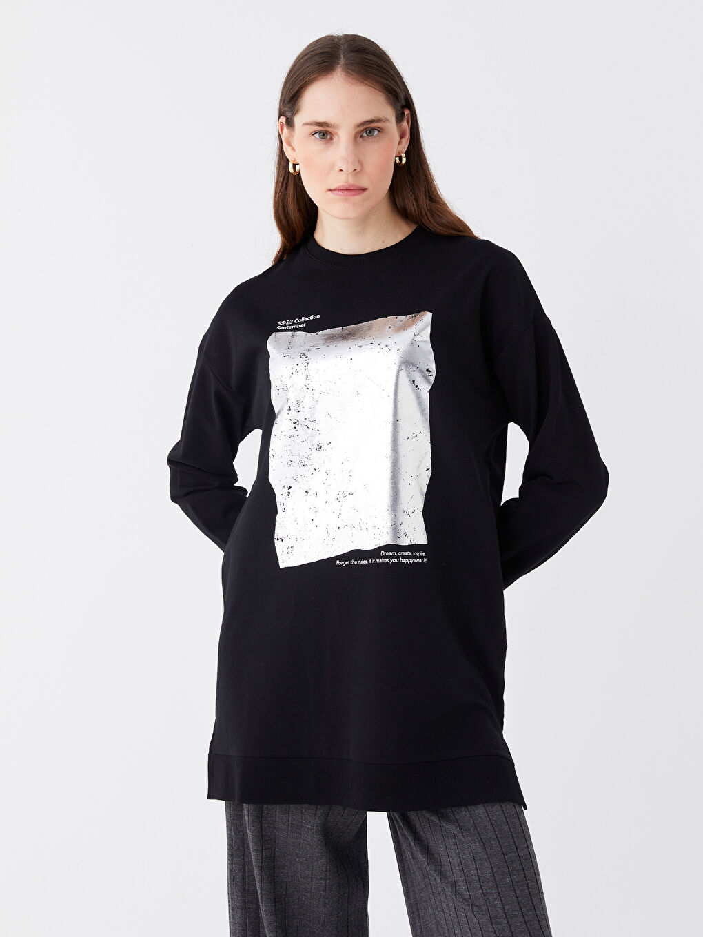 تونيك سترة نسائية كم طويل مطبوع بكول مدور-1