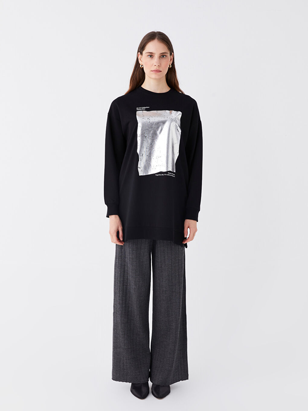 تونيك سترة نسائية كم طويل مطبوع بكول مدور-2