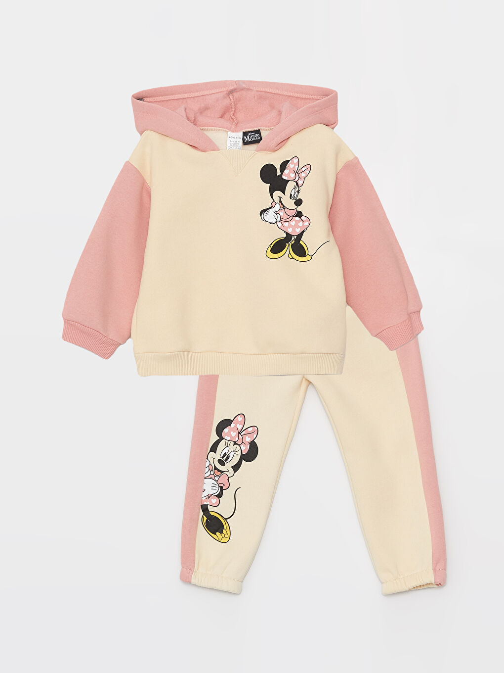 LCW baby Açık Bej Minnie Mouse Baskılı Kız Bebek Hoodie ve Eşofman Altı 2'li Takım