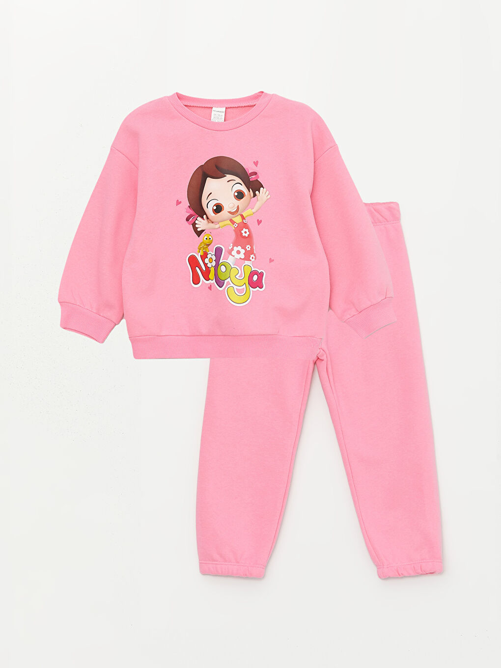 LCW baby Pembe Bisiklet Yaka Uzun Kollu Niloya Baskılı Kız Bebek Sweatshirt ve Eşofman Alt