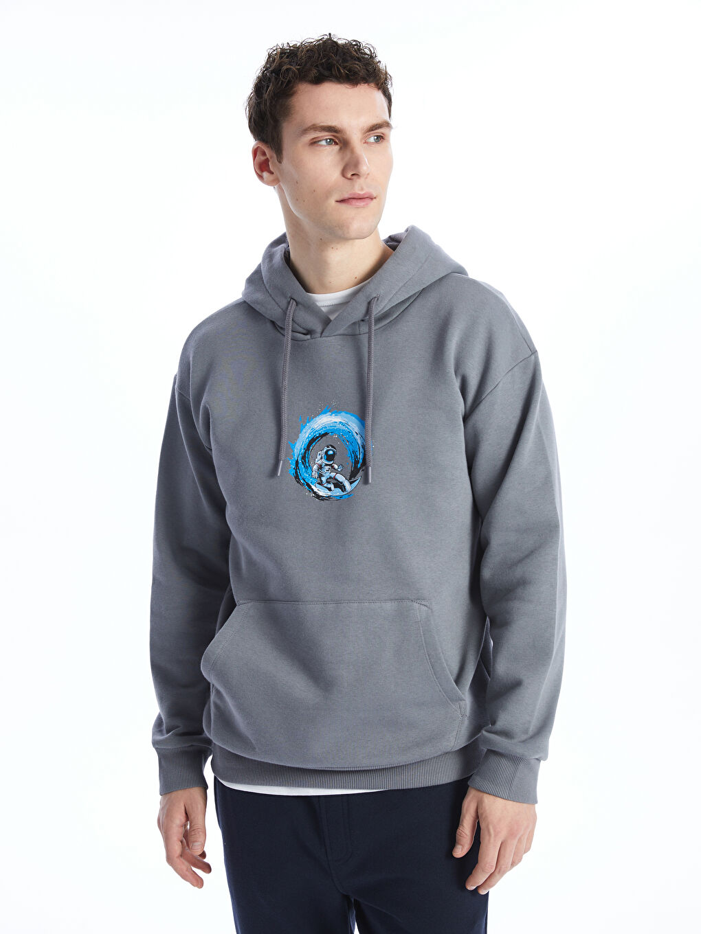 LCW Casual Koyu Gri Uzun Kollu Baskılı Erkek Hoodie