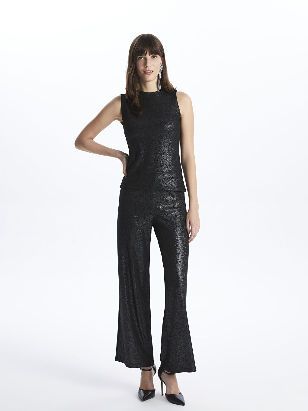 Siyah Bisiklet Yaka Parlak Görünümlü Kadın Tunik-2