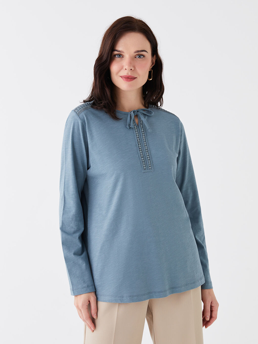 Tie Neck Plain Long Sleeve Women's Blouse