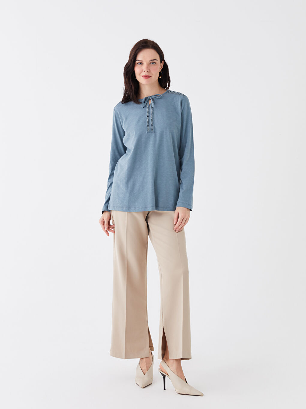 Tie Neck Plain Long Sleeve Women's Blouse-1